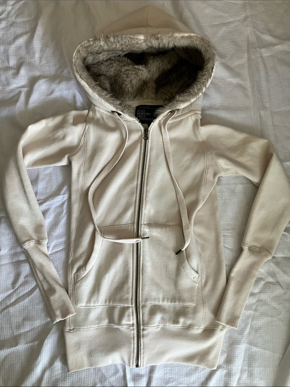 Vintage Urban Behaviour Cream Faux-Fur Hooded Zip Sweatshirt Hoodie - XS